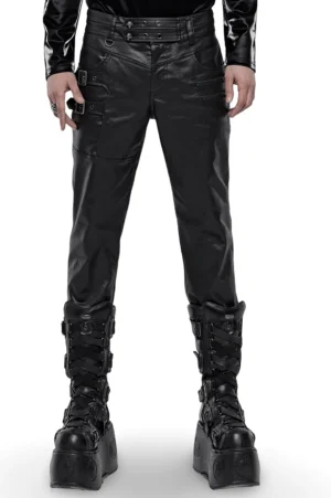 Black gothic faux leather pants with D-ring hardware worn by male model, front view slim fit buckle strap details