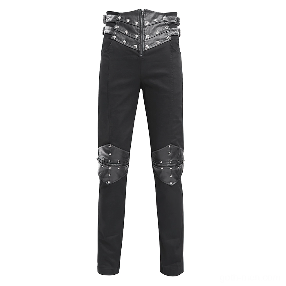 Black slim fit gothic pants with metal rivets and zipper front high-waisted design