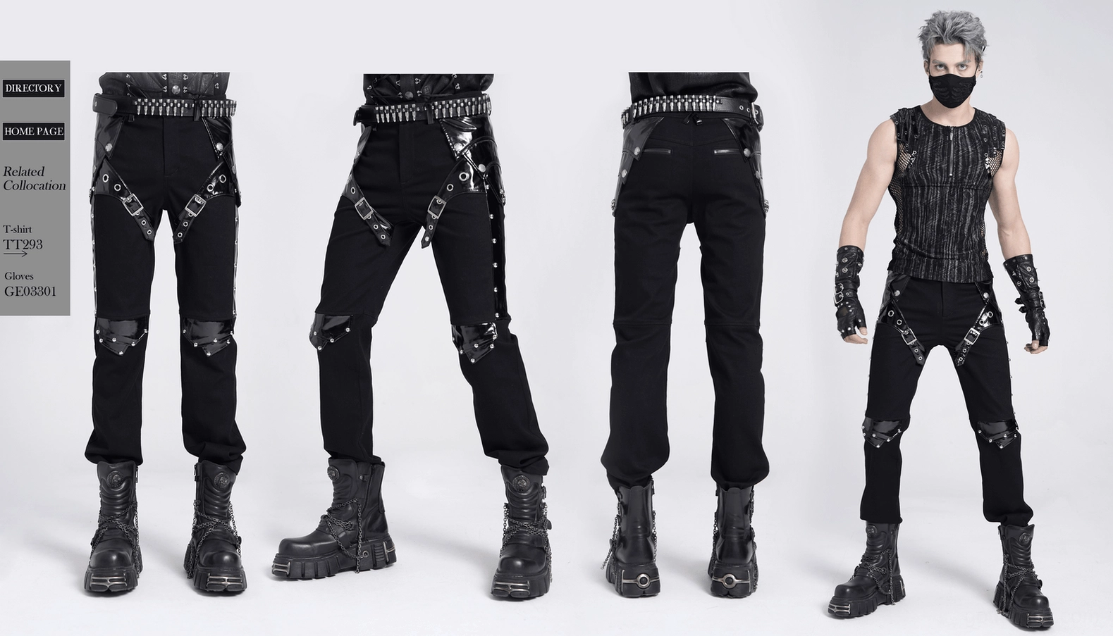 Black gothic leather trousers final detail view showcasing harness and stud placement for alt fashion