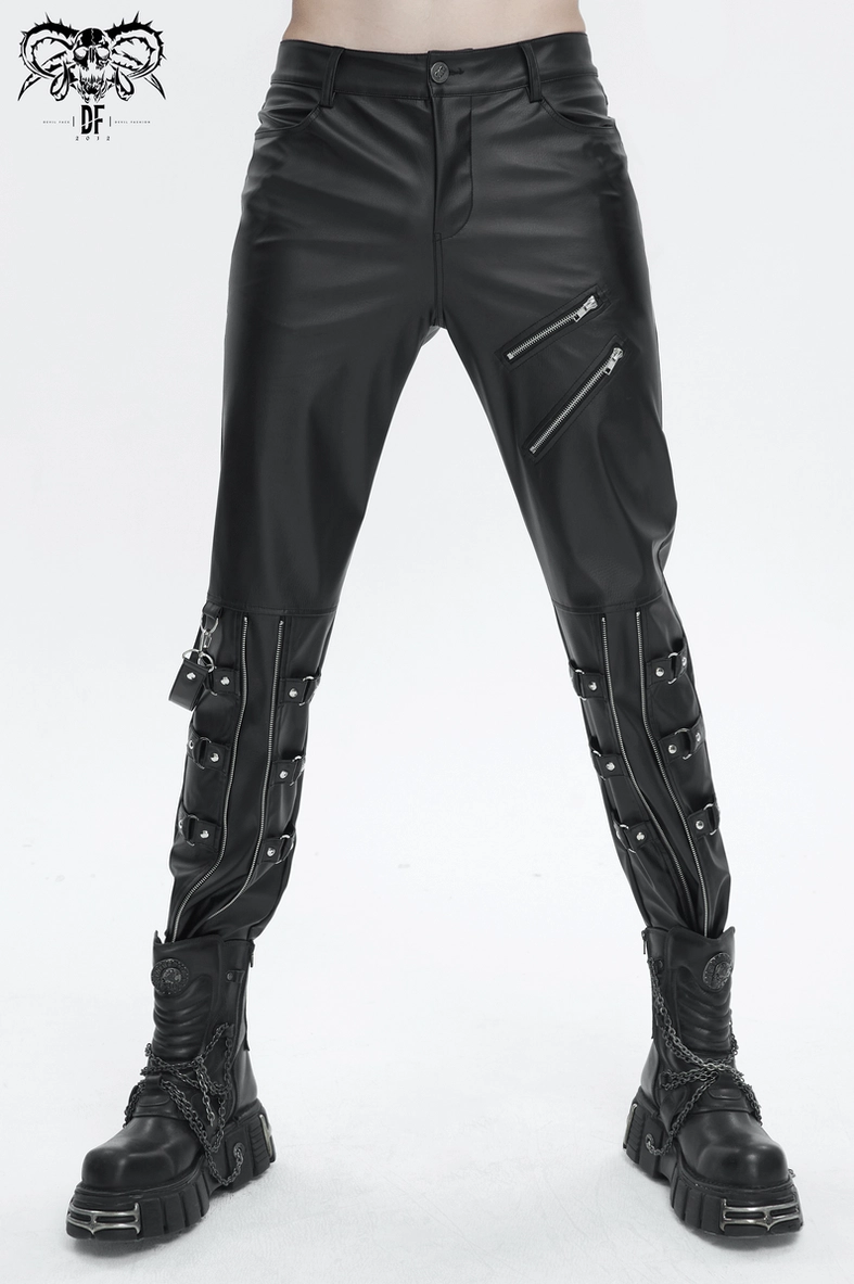 Structured view of black gothic synthetic leather pants emphasizing the industrial design elements and fastening details