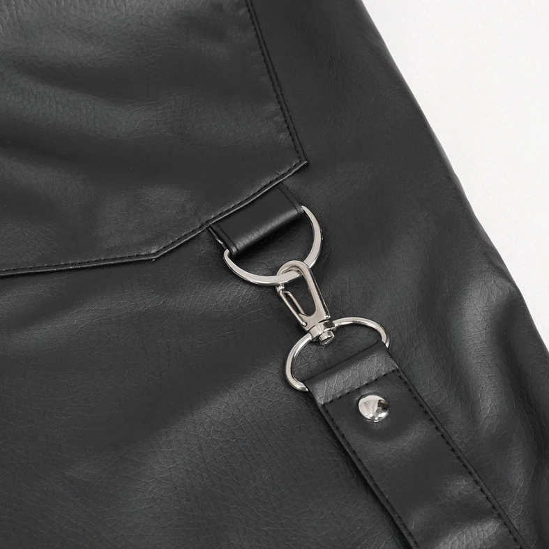 Black synthetic leather gothic pants highlighting knee buckle decorations and architectural design elements from front angle