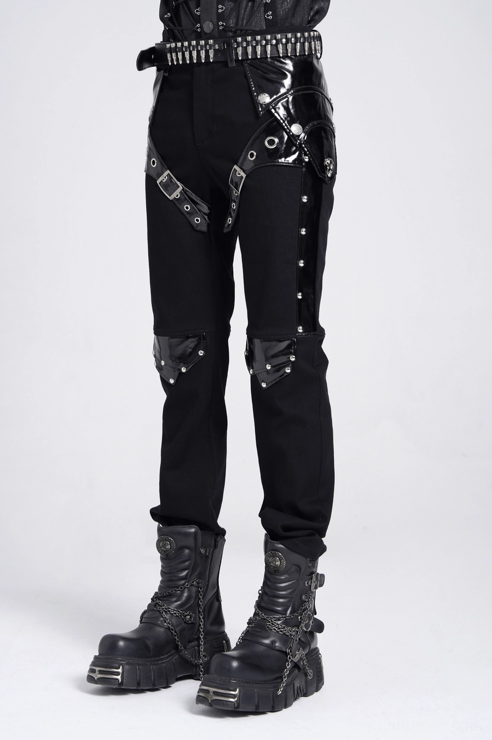 Black studded gothic leather trousers detail view of knee pad studs and strap configuration
