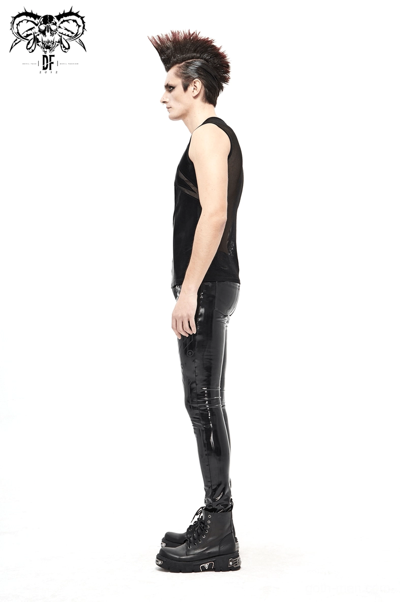 Black shiny synthetic leather pants leg and hem detail showing tapered fit design