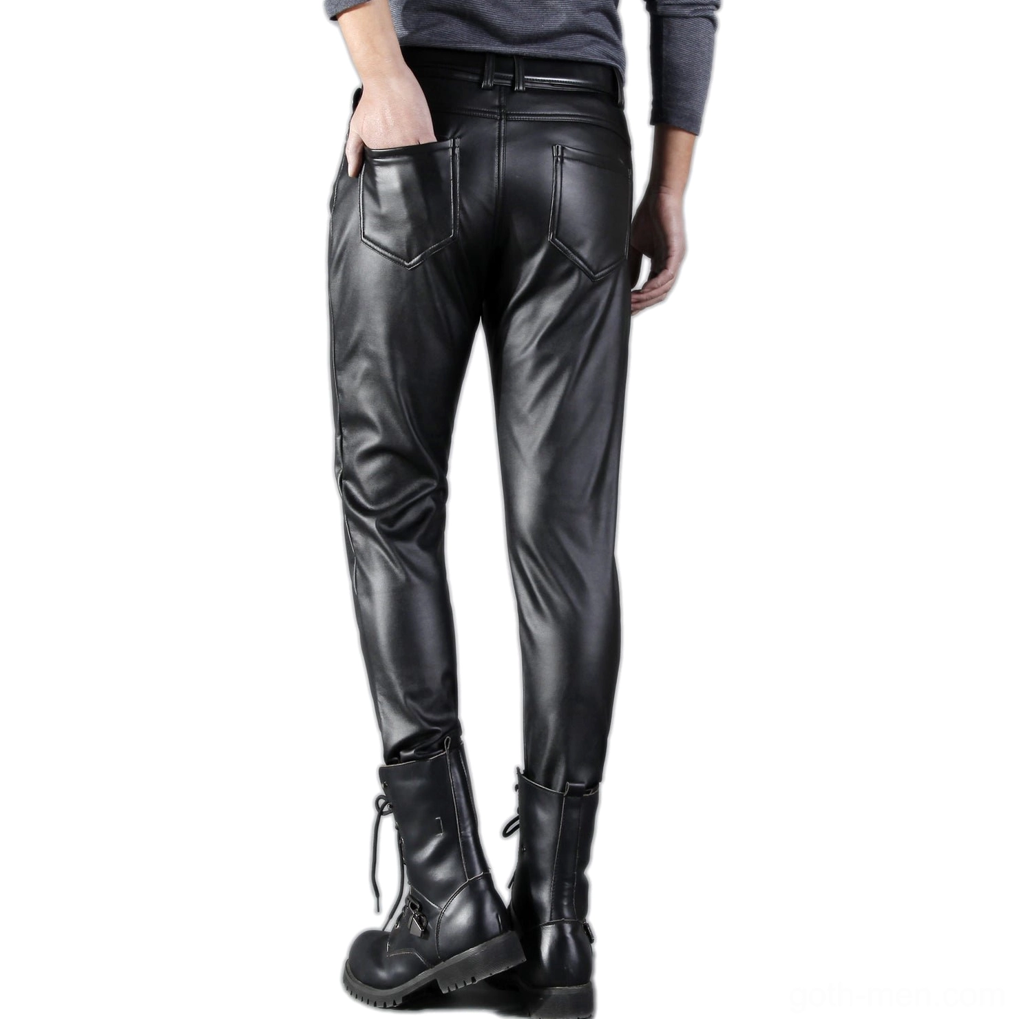 Men's black goth leather pants rear view, male model shown from behind with back pockets, styled with combat boots and alternative fashion accessories