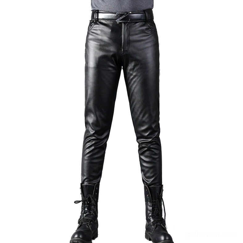 Men's black gothic faux leather skinny pants with zippers front view, displayed on male model wearing combat boots and leather belt