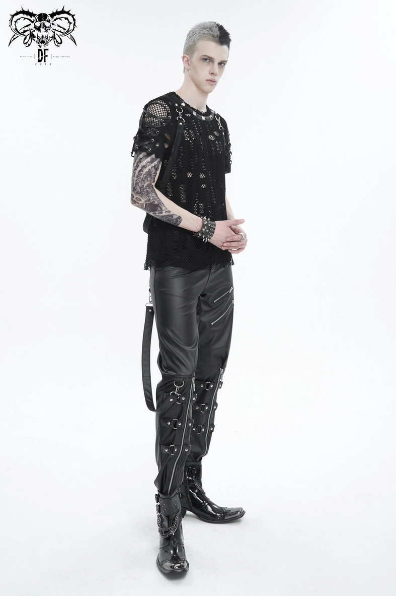 Professional product photography of black faux leather gothic fitted pants showing complete design from multiple viewing perspectives
