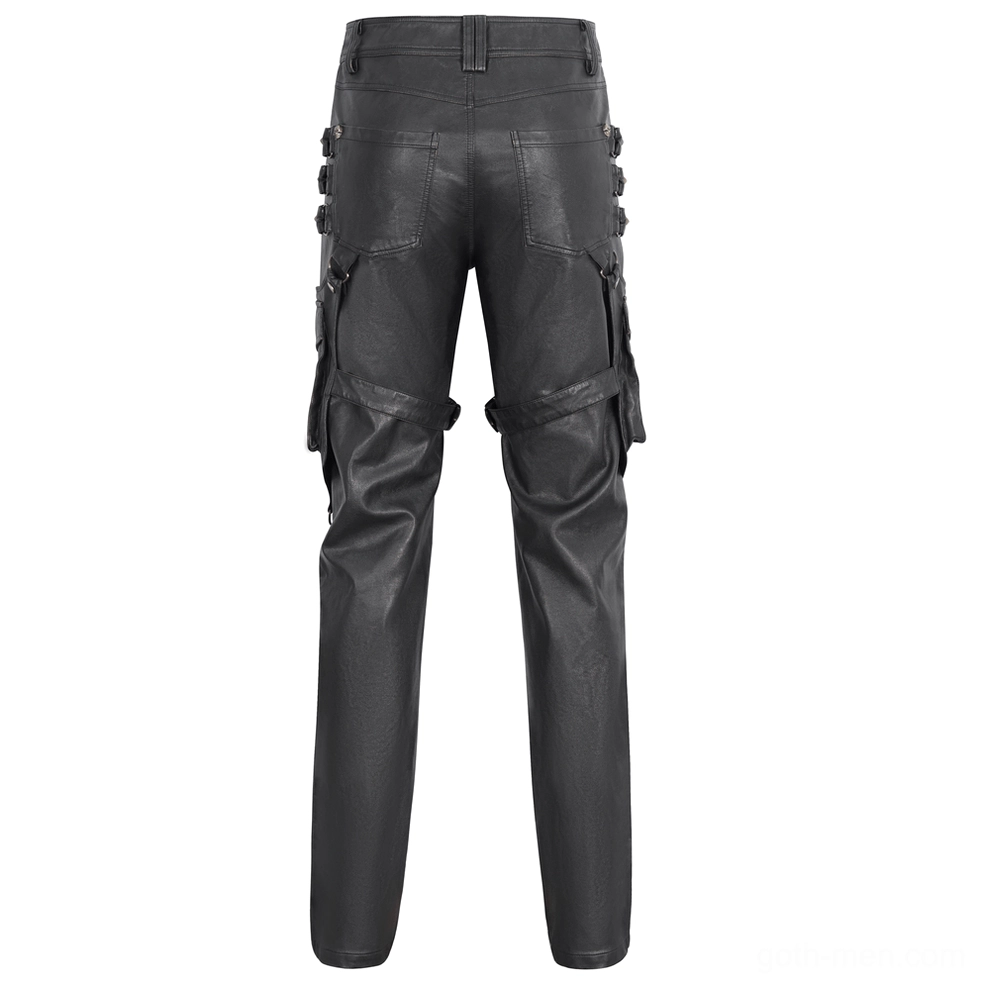 Rear flat lay view of black gothic leather cargo pants displaying thigh straps, back waist hardware, and overall silhouette