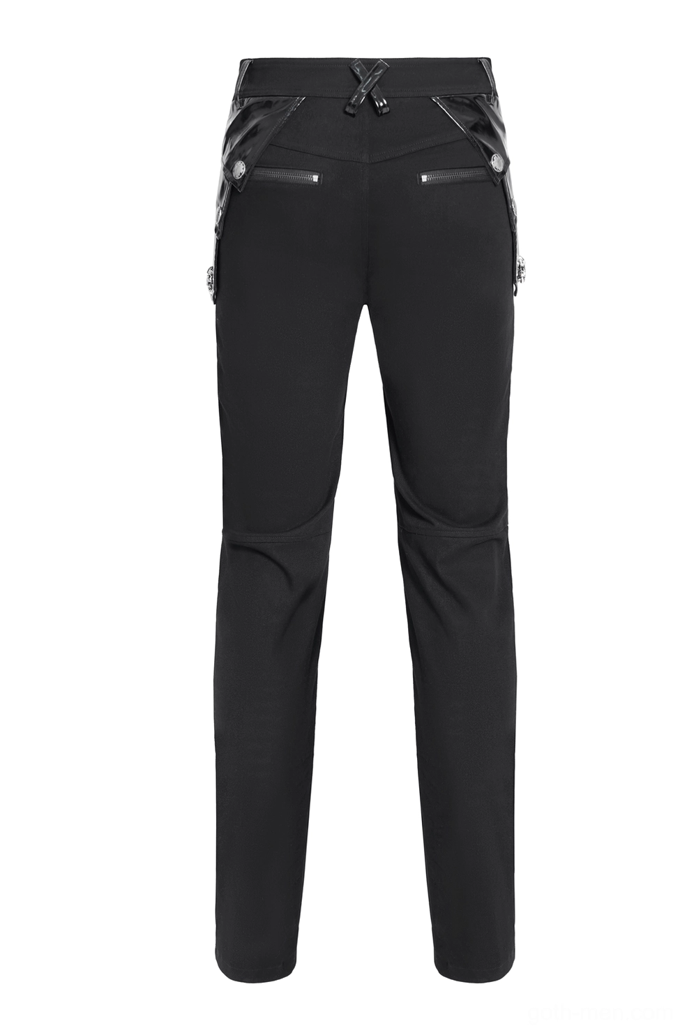Rear flat view of black gothic trousers showing button closure and zipper back pockets