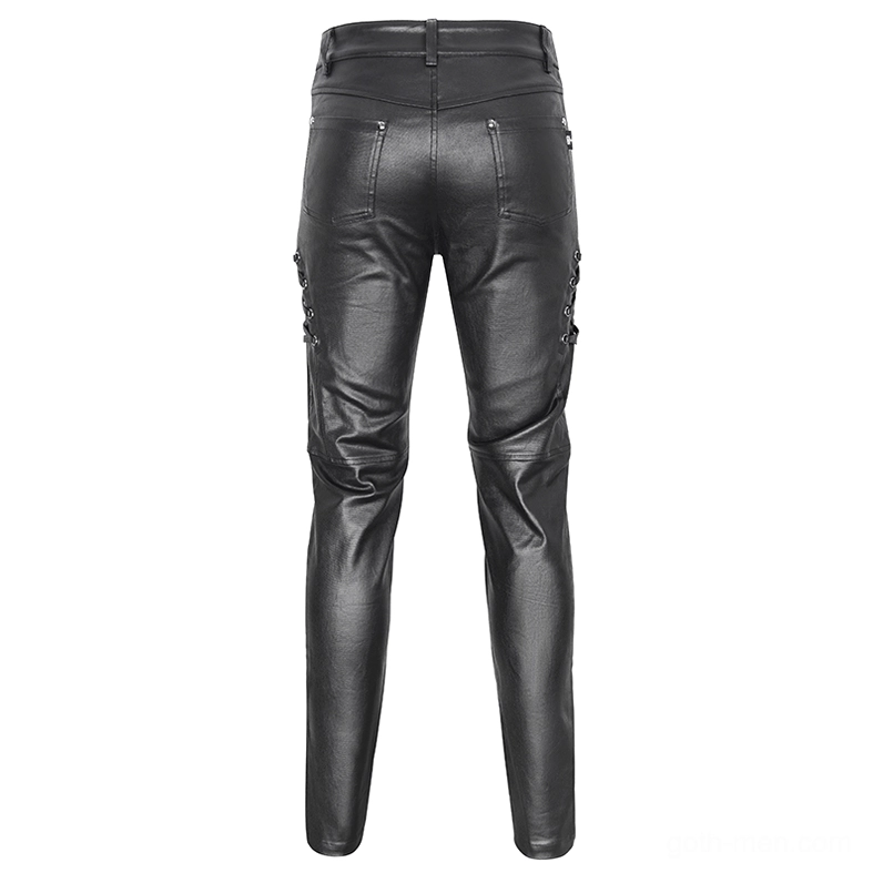 Black leather gothic biker pants rear straight view with classic back pocket design