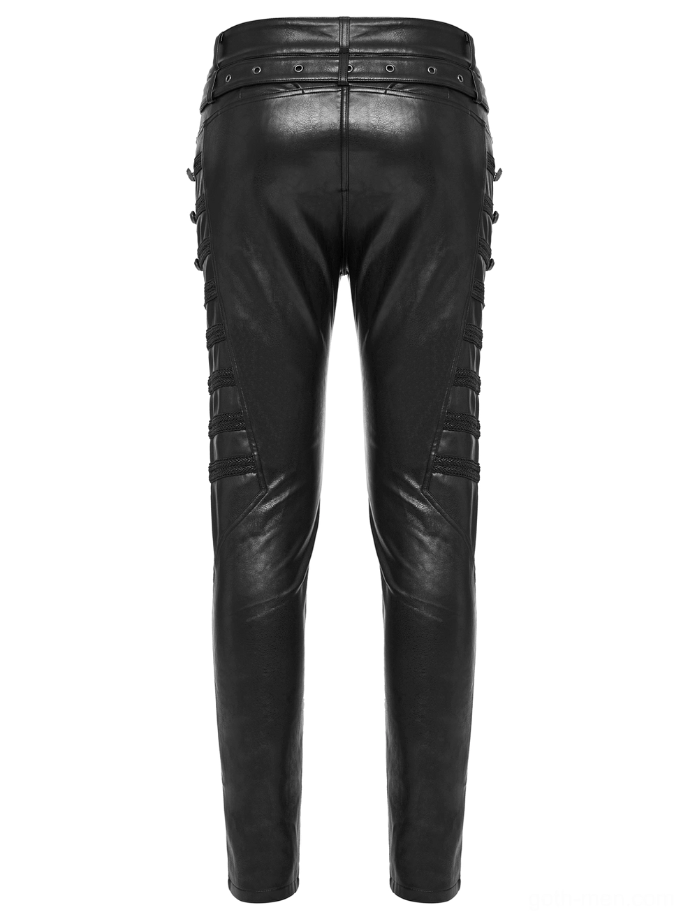 Rear flat lay of black gothic leather pants featuring studded waist trim and thigh stud embellishments