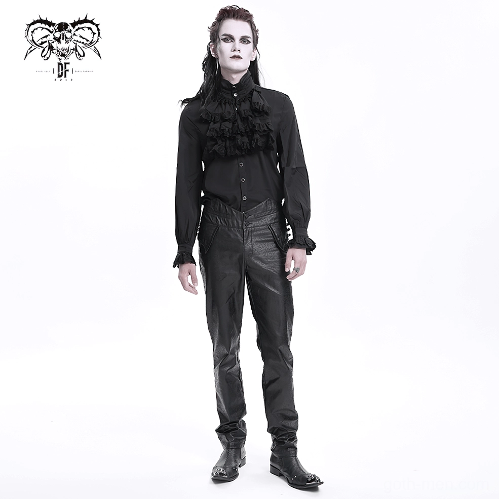 Rear three-quarter view of black embossed gothic leather pants, displaying back pocket placement and slim leg silhouette