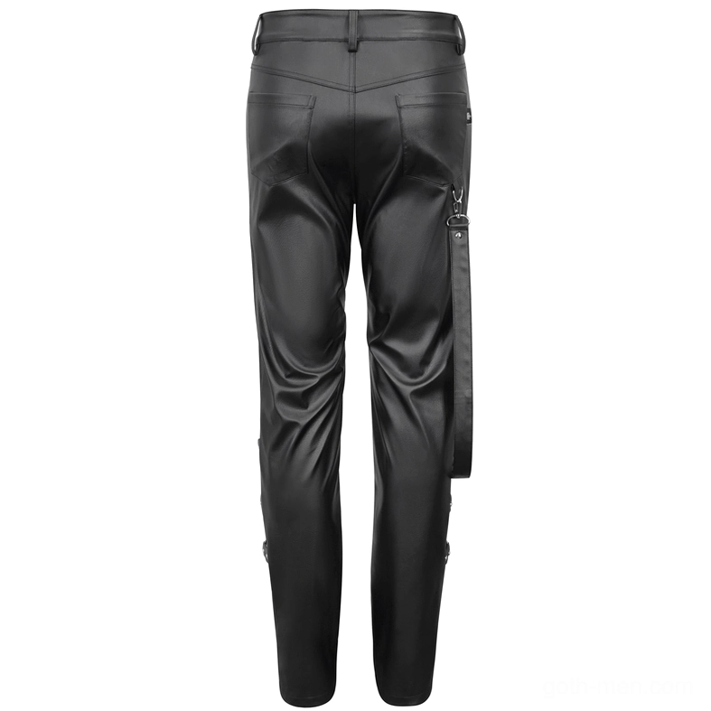 Rear view of black faux leather gothic pants displaying back pockets side hanging strap and streamlined tailored fit