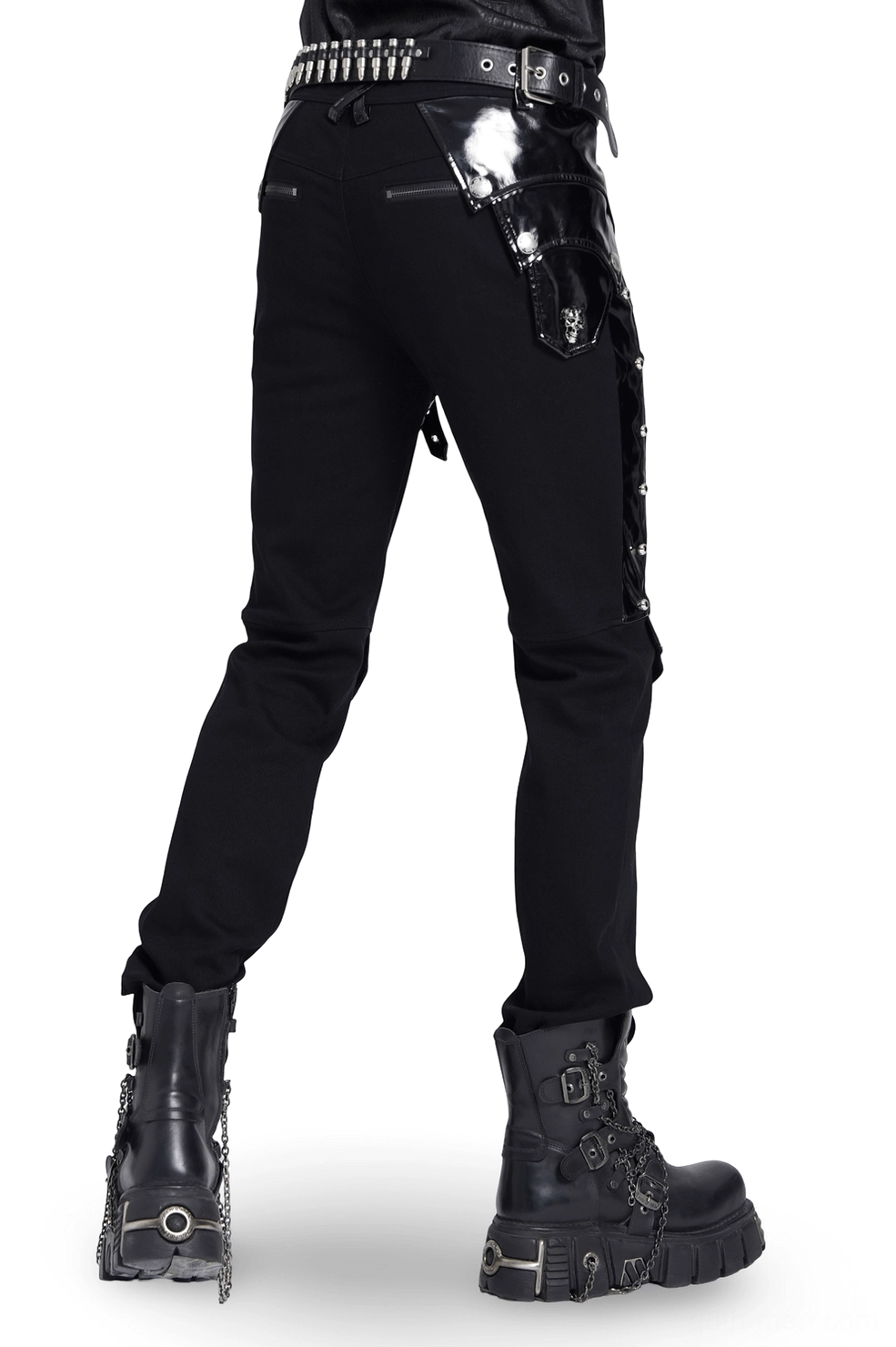 Black gothic punk pants rear three-quarter angle showing patent leather side seams and studs