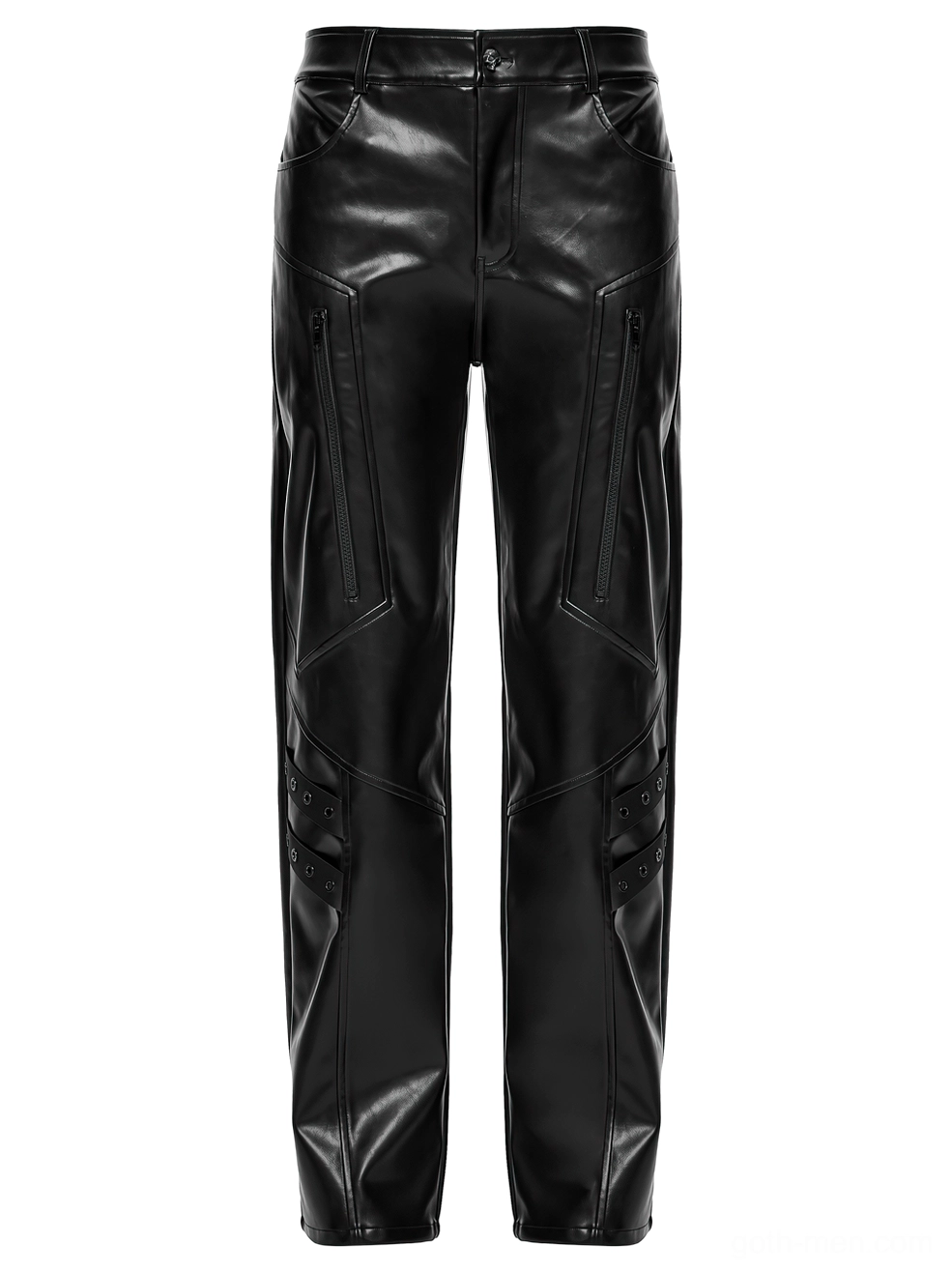 Black gothic leather pants rear flat lay patch pockets and waistband construction