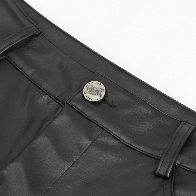 Detailed view of detachable side strap system on black gothic leather pants with metal buckle attachment point