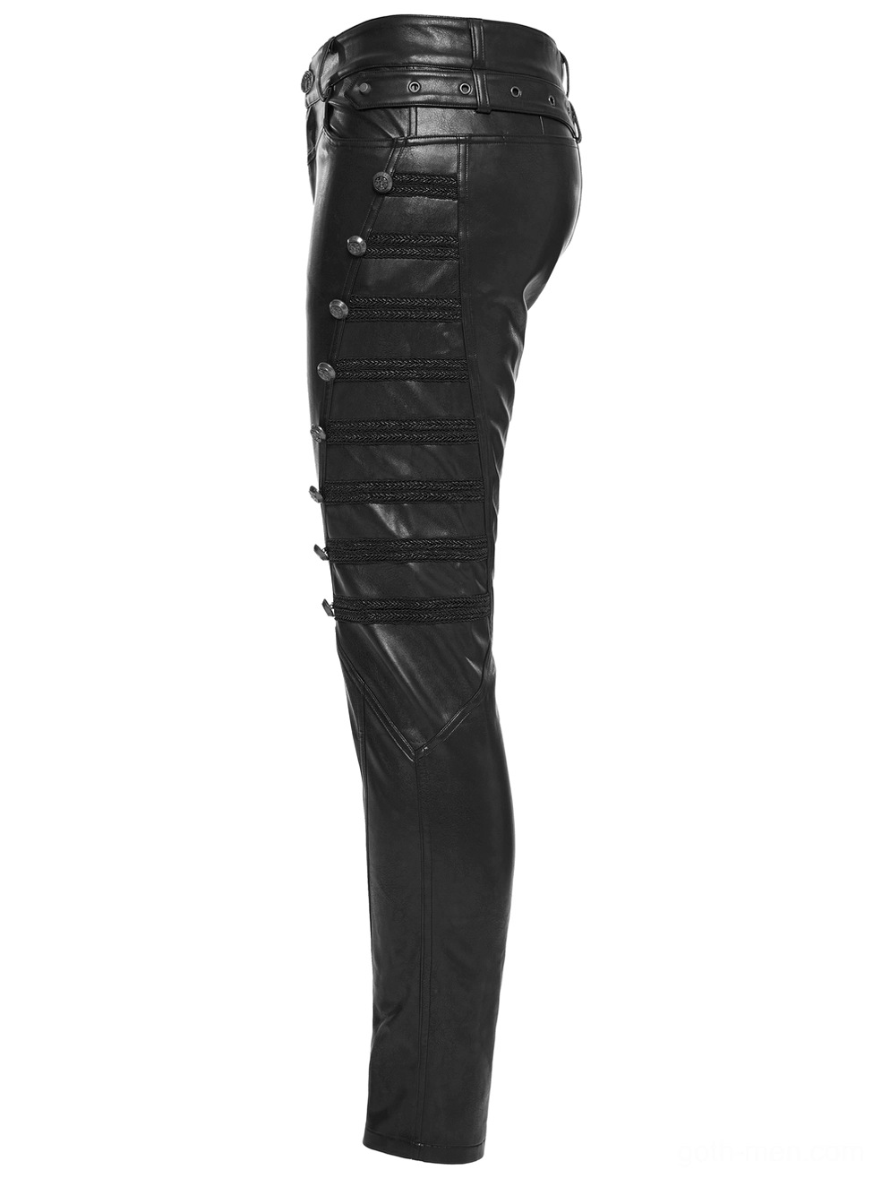 Side flat lay view of black studded gothic leather pants displaying decorative button straps and quilted thigh panels