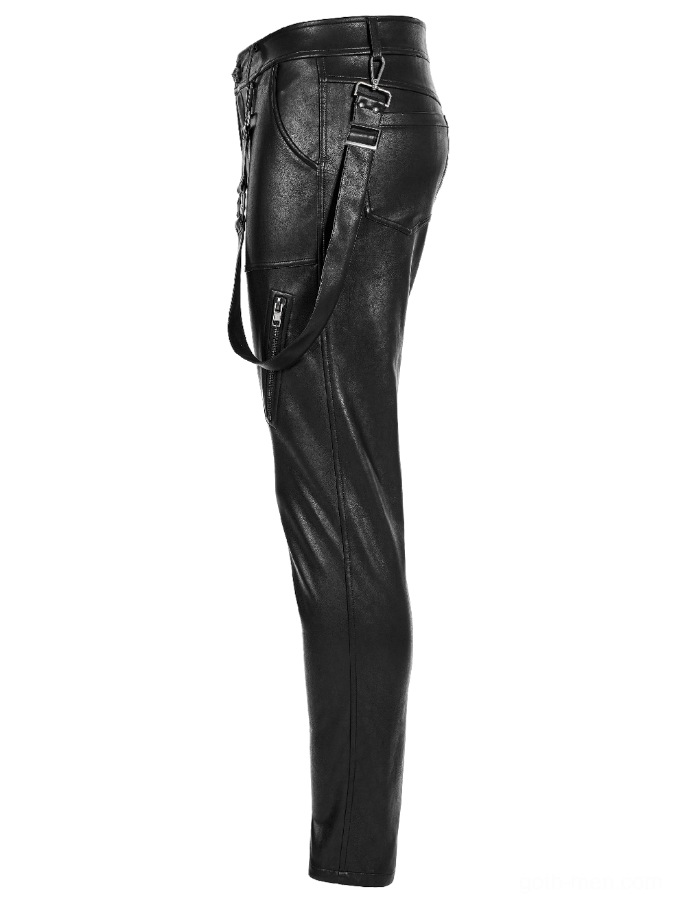 Black gothic leather pants side flat lay view showing tapered leg and removable harness strap