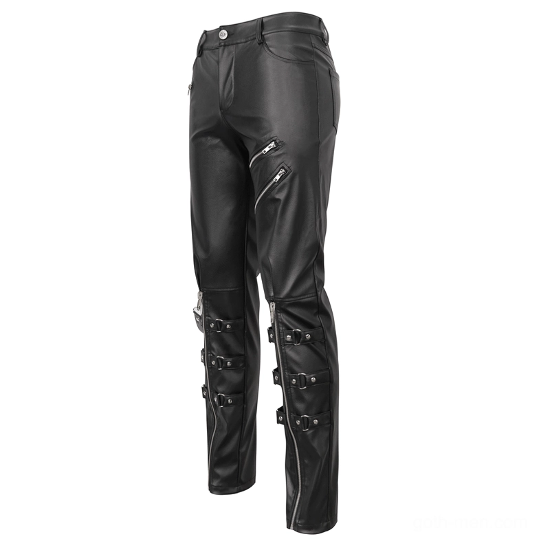 Side three-quarter view of black faux leather gothic pants showing dual diagonal zippers slim fitted cut and knee buckle straps