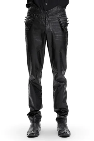 Black embossed faux leather gothic slim fit pants front view on male model, showing fitted silhouette and decorative buckle waistband detail