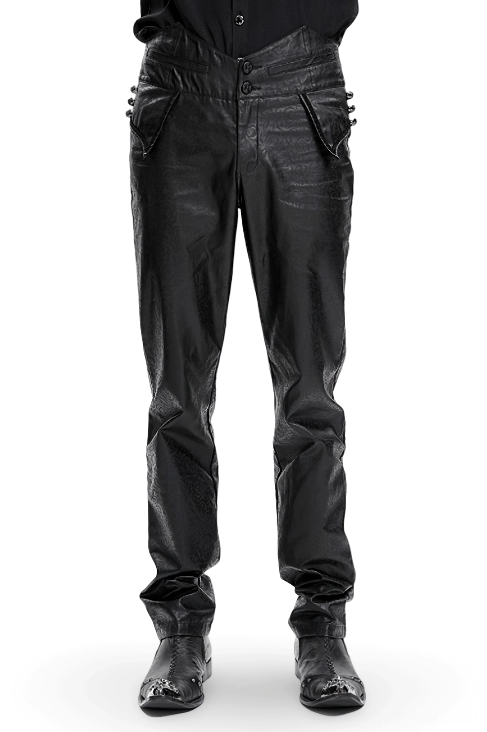 Black embossed faux leather gothic slim fit pants front view on male model, showing fitted silhouette and decorative buckle waistband detail