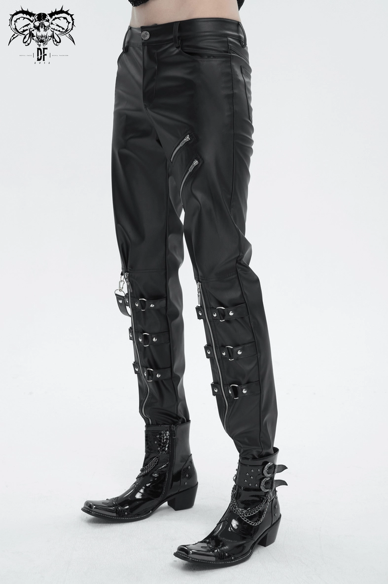 Alternative angle of black faux leather gothic pants displaying the structured fit and detachable strap configuration