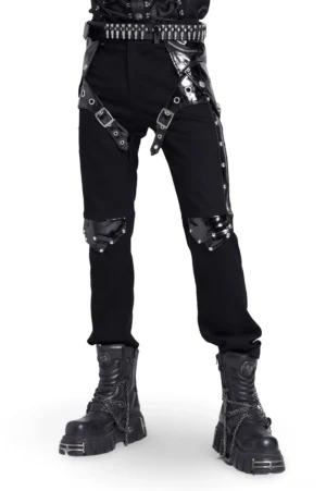 Black studded harness gothic leather pants front view with metal buckle straps and knee studs