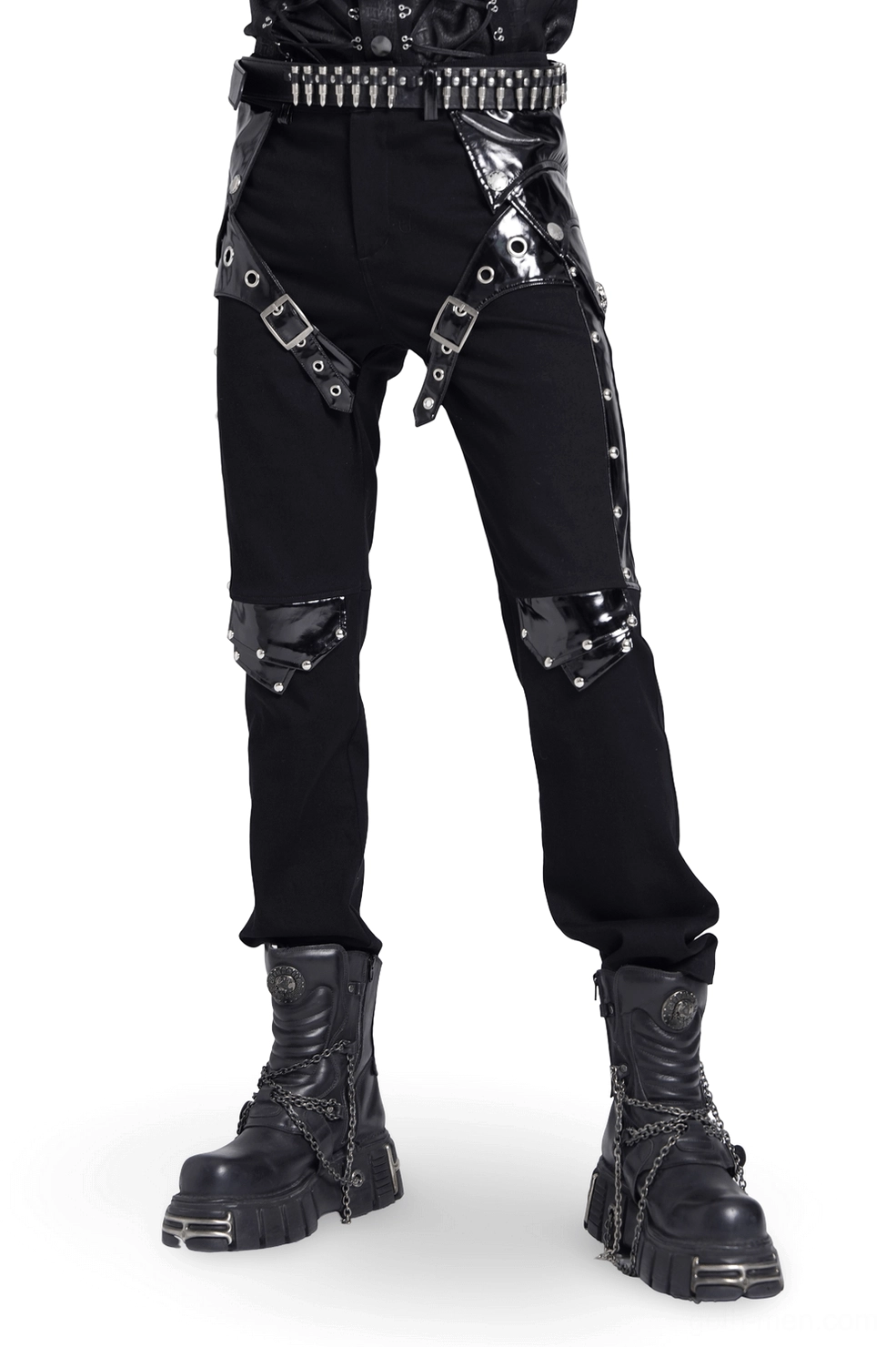 Black studded harness gothic leather pants front view with metal buckle straps and knee studs