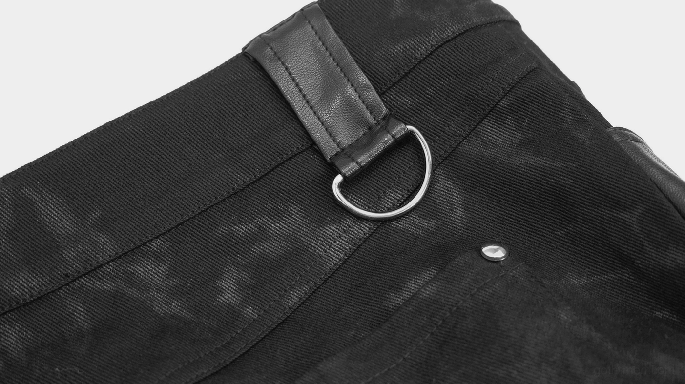 Gothic black leather pants texture detail - faux leather material quality and metal rivet construction close-up