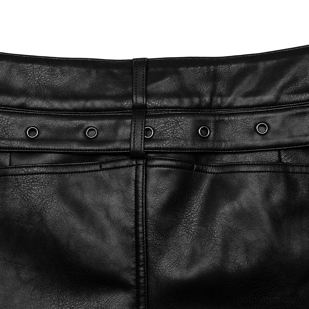 Alternative angle of black studded gothic leather pants highlighting thigh button placement and slim silhouette construction
