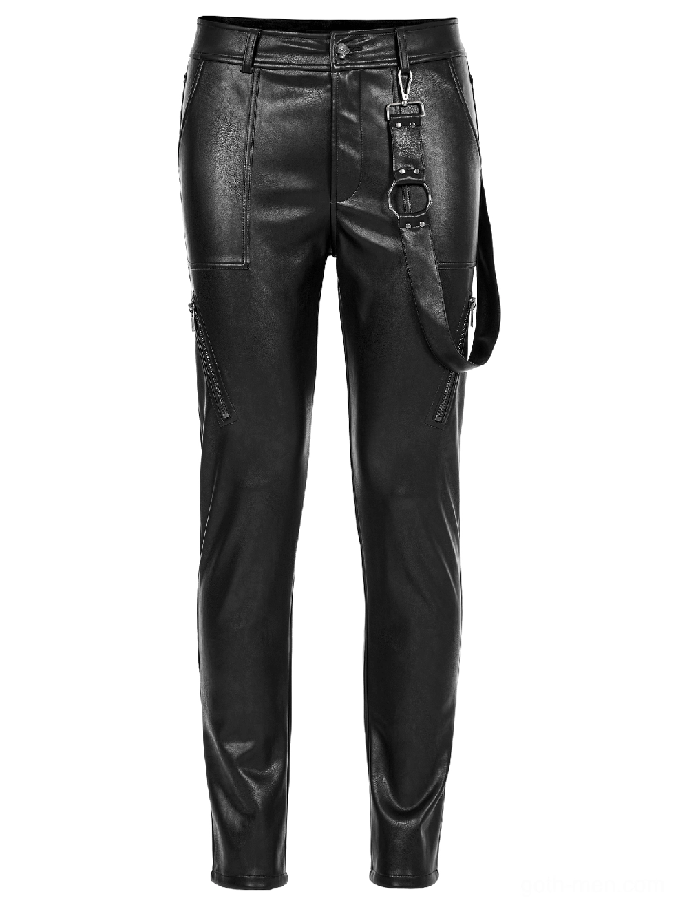 Black gothic leather pants front flat lay showing waist buckle and D-ring hardware placement