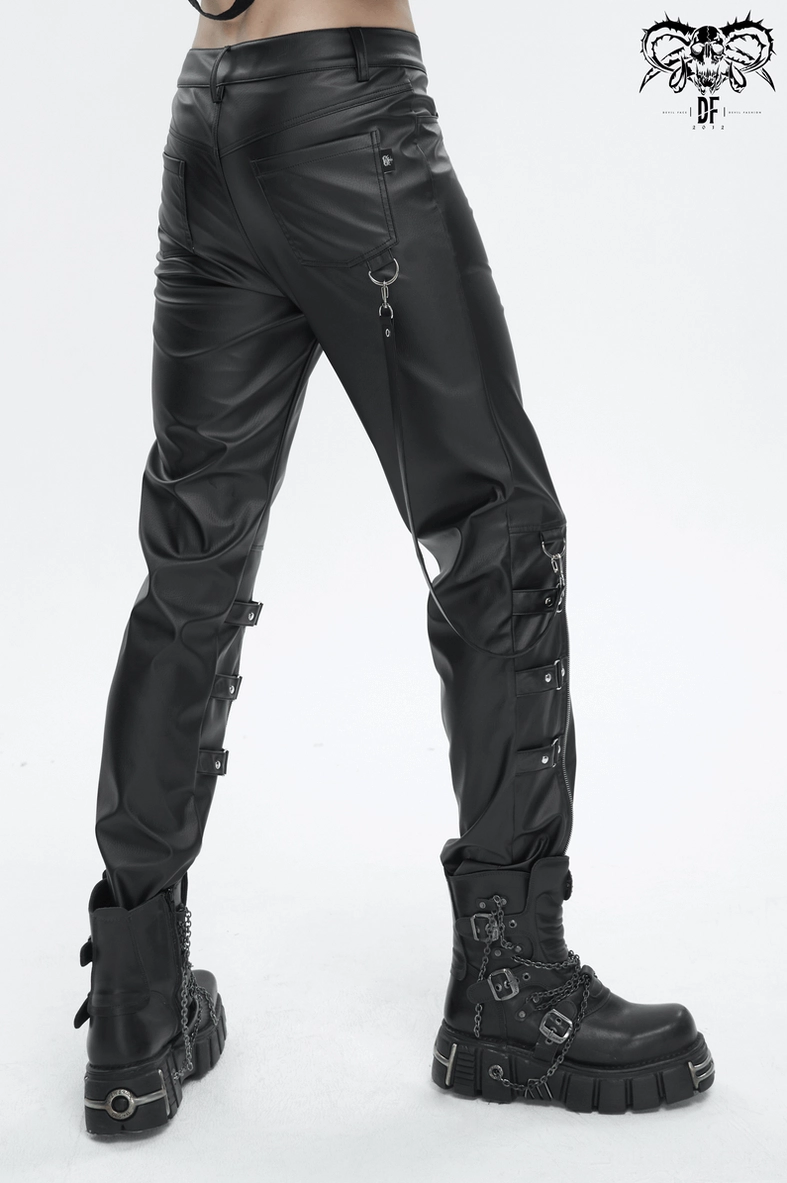 Matte black faux leather gothic pants showing waistband construction and reinforced seaming for durability