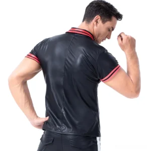 Black patent leather gothic polo tee rear view, showing fitted silhouette and red sleeve accents