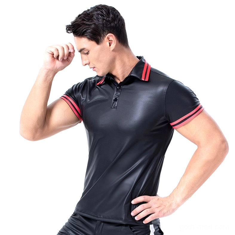 Side profile of men's gothic PU leather polo shirt, showing fitted cut and textured fabric