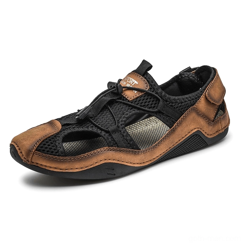 Men's gothic brown and black two-tone leather ankle-wrap sandals paired display front view