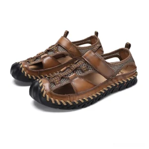 Gothic leather sandals three-quarter top view with hand-stitched woven outsole and dark brown split leather upper