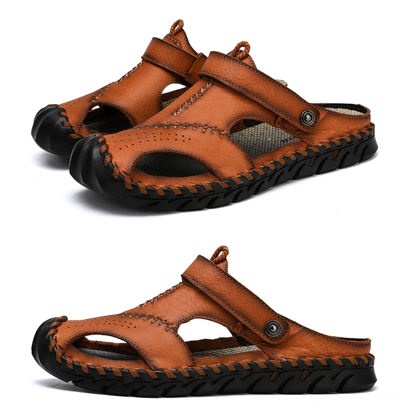 Men's genuine leather gothic sandals in multiple colors - size and fit comparison view