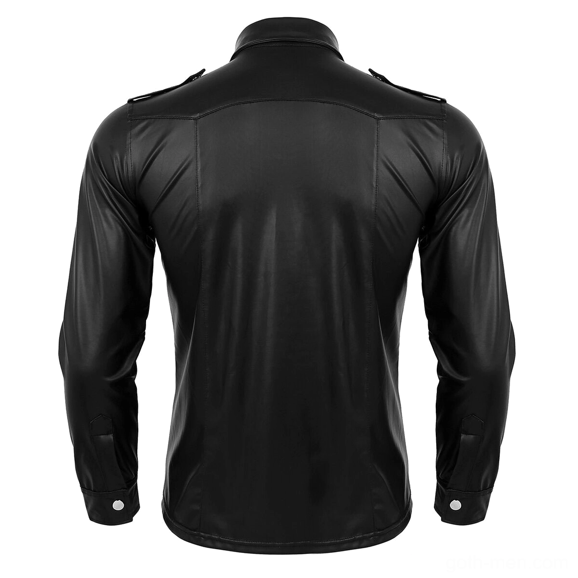 Black patent leather gothic shirt back full view on display mannequin - tailored back seam and buttoned cuffs detail