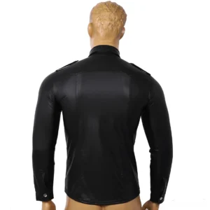 Black patent leather gothic shirt back view showing tailored seam and buttoned cuffs - moto style long sleeve design