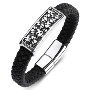 Black genuine leather skull bracelet with stainless steel engraved skull charm and magnetic clasp, gothic wrap style side view