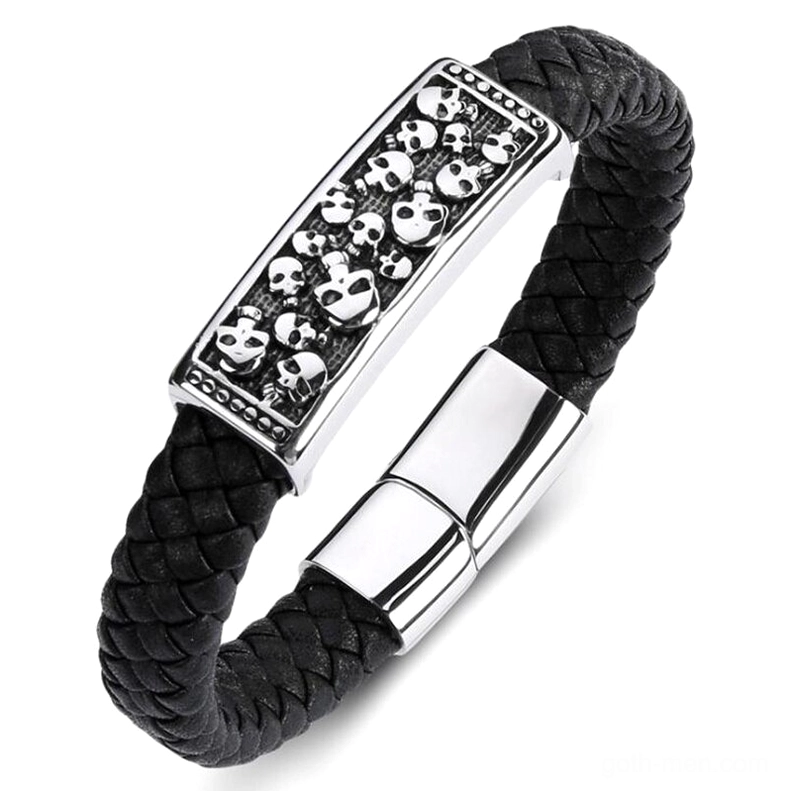 Black genuine leather skull bracelet with stainless steel engraved skull charm and magnetic clasp, gothic wrap style side view