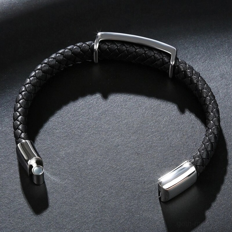 Gothic leather skull wrap bracelet full length view showing leather texture and stainless steel skull emblem