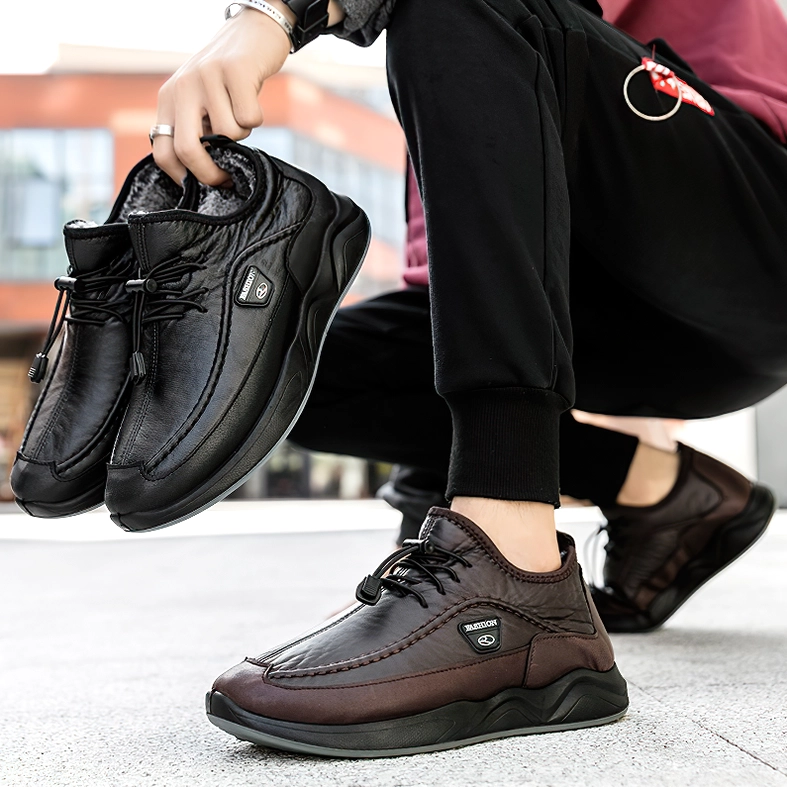 Black and brown leather alternative gothic sneakers side-by-side comparison, outdoor display