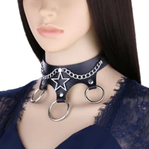 Gothic leather star choker worn on mannequin showing neck fit and style