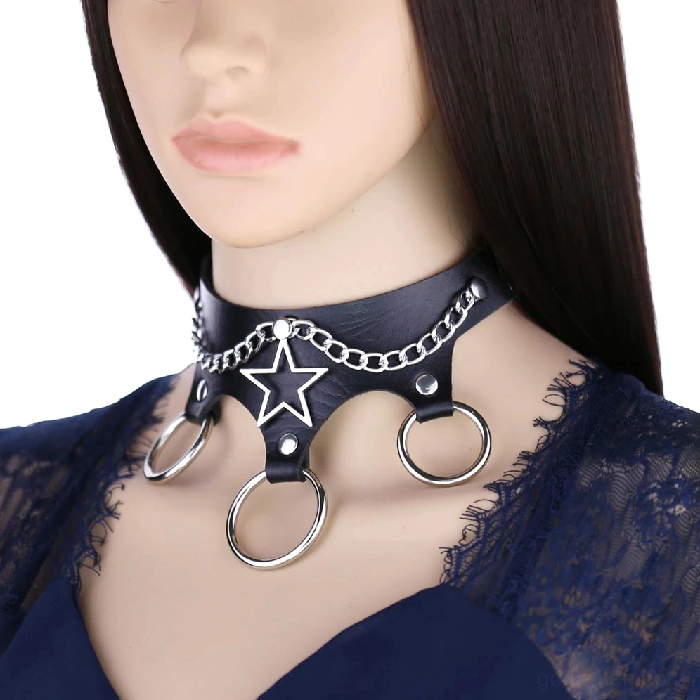 Gothic leather star choker worn on mannequin showing neck fit and style