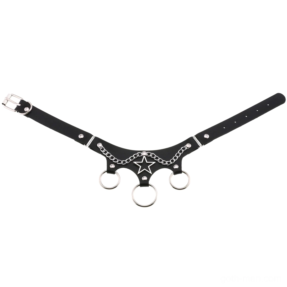 Gothic leather star choker product shot showing chain and ring accents