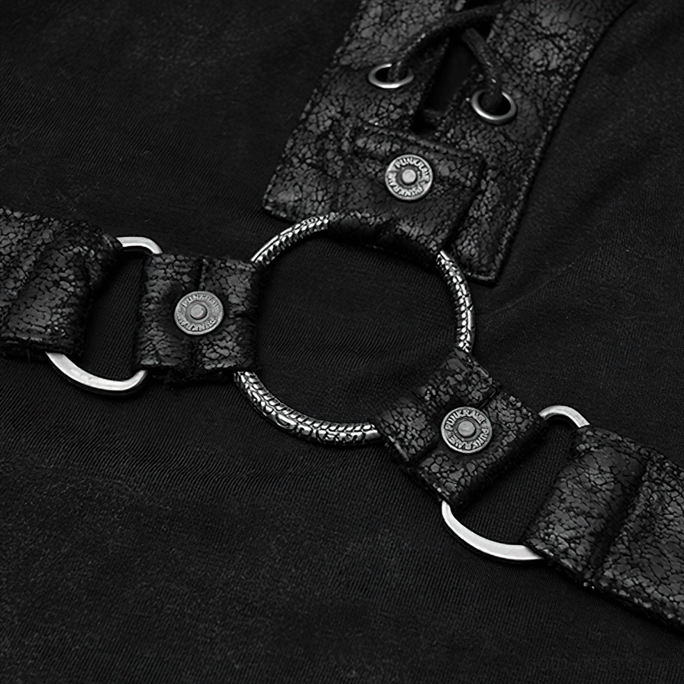 Close-up detail cracked black leather strap metal grommet hardware stitched edge finish