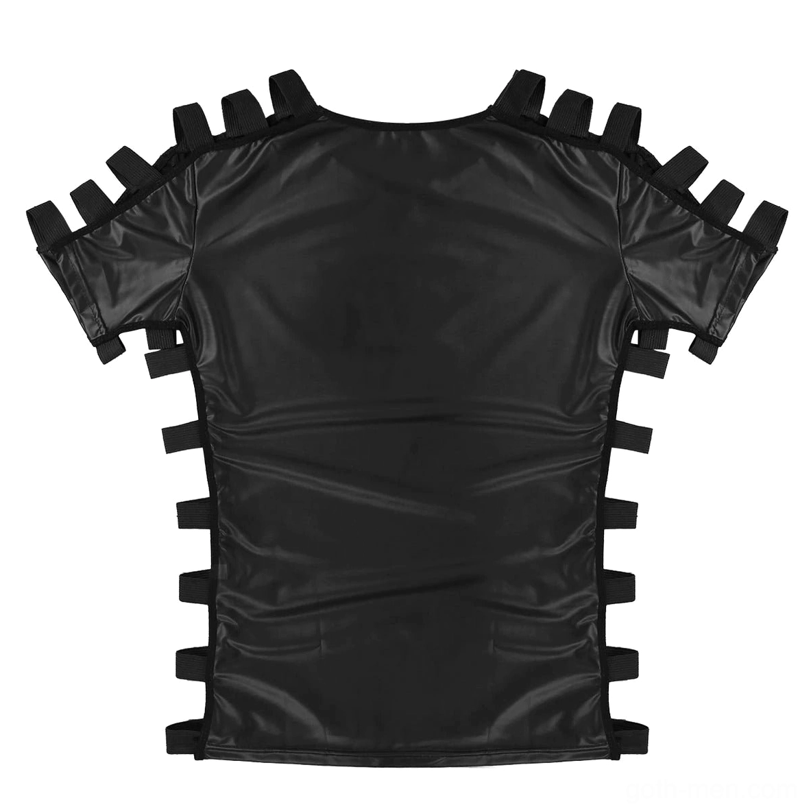 Rear flat lay view of black gothic faux leather t-shirt displaying cutout strap details and smooth surface