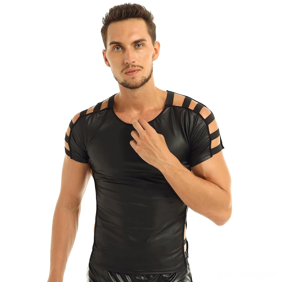 Close-up front detail of men's gothic leather t-shirt with crew neck and shoulder cutout straps