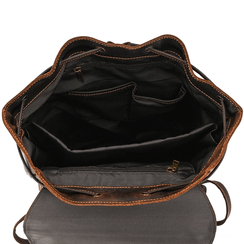 Gothic leather travel backpack showing all exterior pocket configurations and closure systems