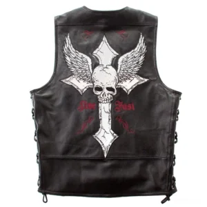 Back view of gothic skull cross leather biker vest featuring winged skull embroidery and 'Live Fast' red text print on black leather